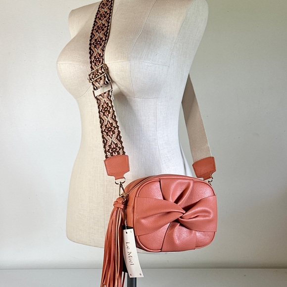 Coral Crossbody Tassel Twist Bag w Aztec Guitar Strap Vegan Faux Leather - Picture 2 of 9